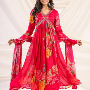 Pure Chinon Aliya cut with skirt and Dupatta - Hot pink