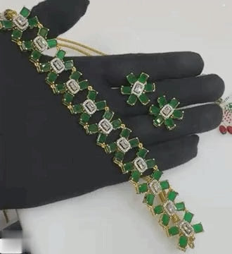 Video of emerald green CZ floral necklace set with stud earrings