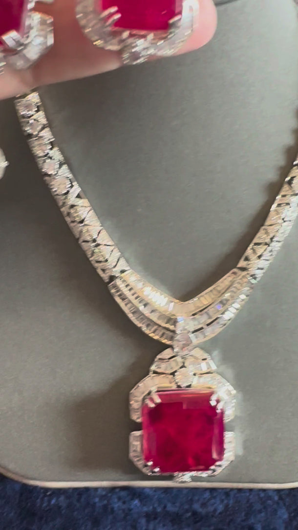 Video of the ruby Italian designer doublet CZ necklace set with soft background music
