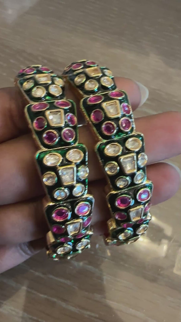 Video of green meenakari kundan kada bangles showing enamel and stone detail