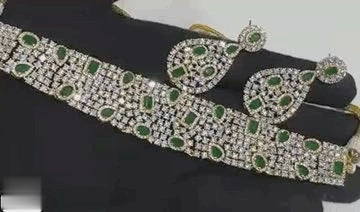 Video of emerald green American diamond choker necklace set